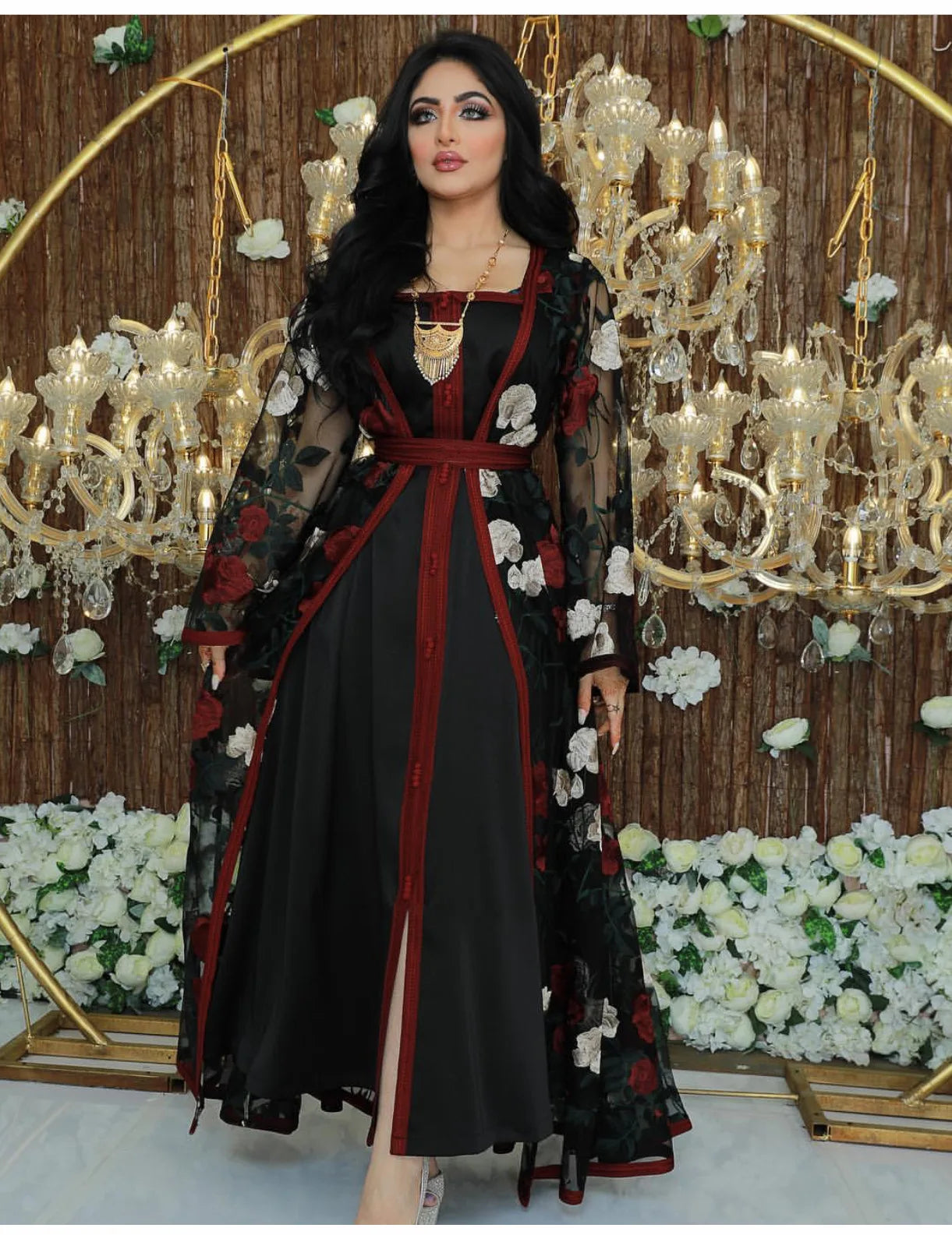 Decent Dresses for Ethnic Women Middle East Dubai Embroidered Lace Mesh Arabian Two Piece Noble Dress Muslim Women Turkey Abaya