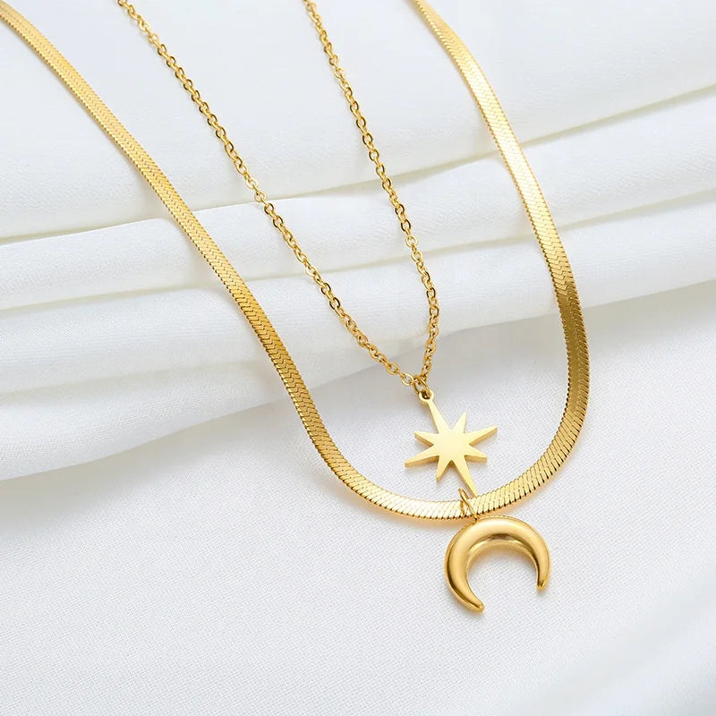 Ouj Simple Fashionable Double Layer Hexagonal Star Moon Stainless Steel 18K Gold Plated Pendant Necklace