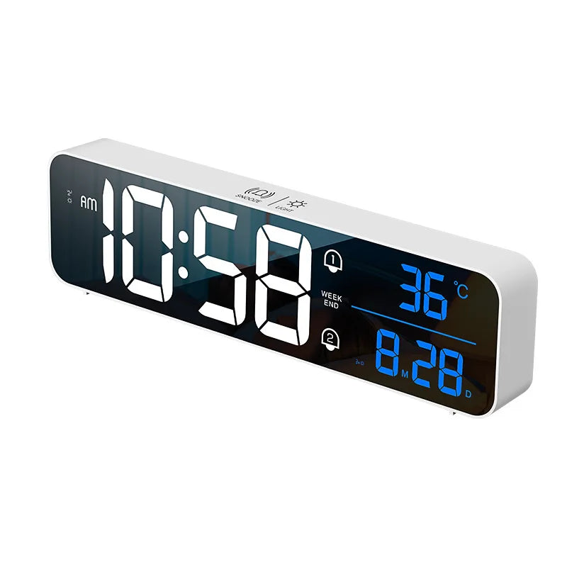 EMAF Battery Electric Home Decor Digital Day Date Time Indoor Temperature 3 Alarm 5 Dimmer USB Charger Clock for Elderly Parents