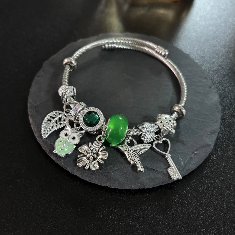 2025 Gift Leaf Owl Flowers Key Bee Birds Charms Stainless Steel Bangle Women Charms Bracelet