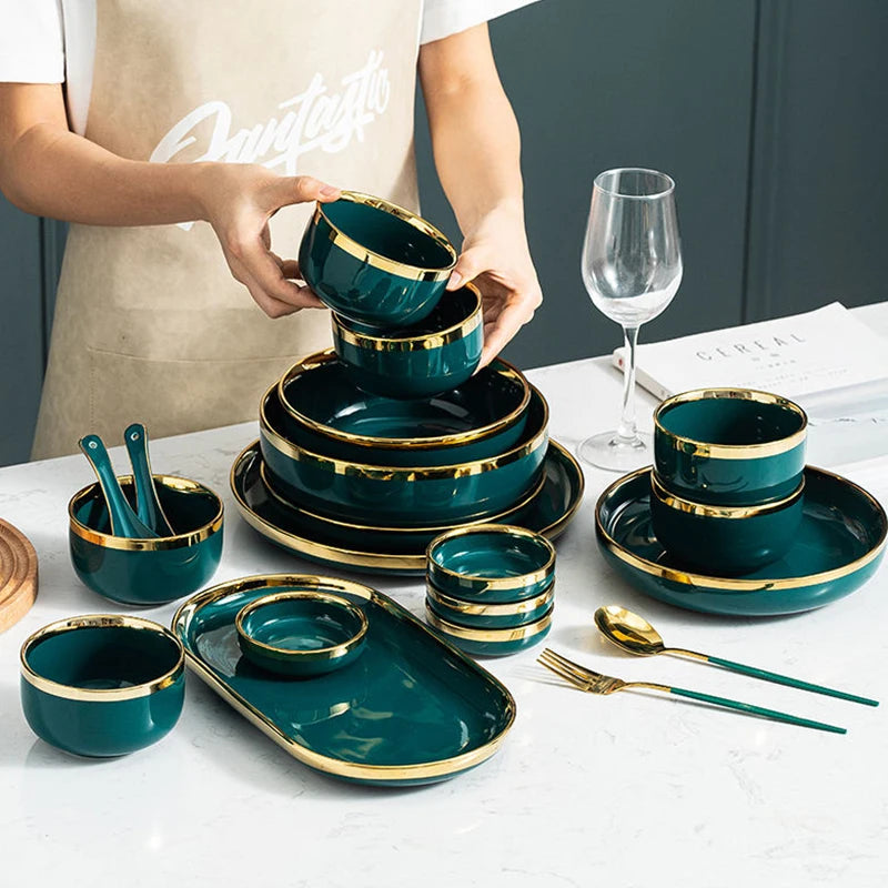 Ceramic Dinner Plates Dinnerware Set Dishes Luxury Green Food Plate Set Salad Soup Bowl Plate and Bowls Set for Restaurant Hotel