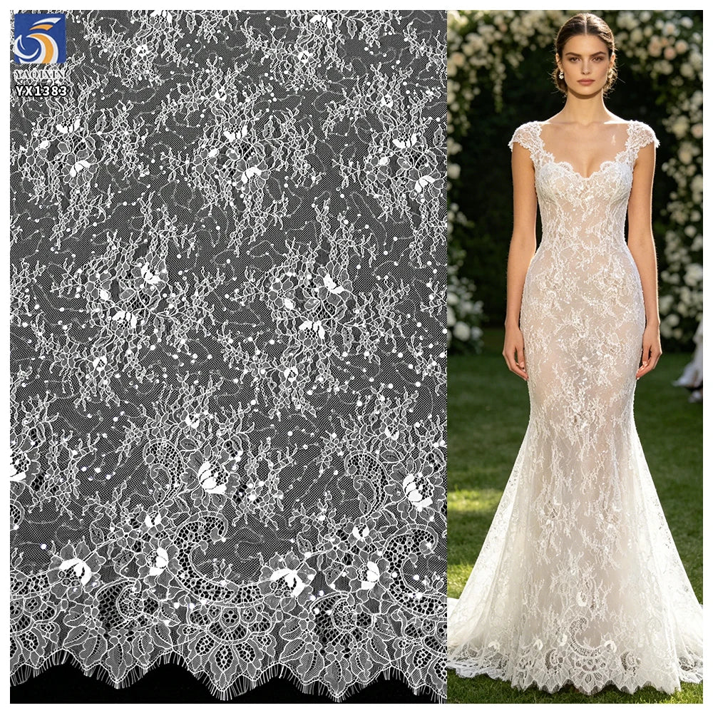 YX1383 300*150CM Popular and Best-Selling Coffee Brown/Ivory Apricot Eyelash Lace Fabric With Sequins for New Year Dress MegaBDM