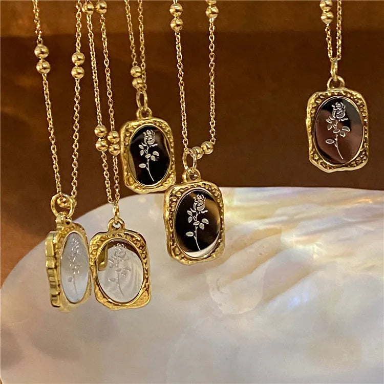 Retro Mirror Pendant Gold Rose Flower Necklace Design Tempe Stainless Steel Necklace Long Jewelry Pendant Necklace