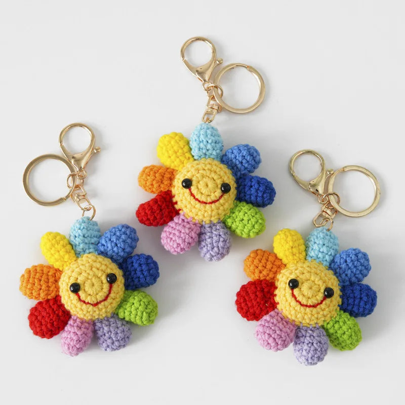 Colorful Artificial Handmade Crochet Sunflower Keychain Bag Charm Car Keyc Mini Doll Knitted Flowers Keyring Jewelry Gifts