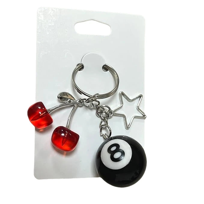 Creative 8 Ball keychain Cherry Key Chains Eight Ball with Star Keychain Fruit Cherry Phone Charm Bag Pendant Pool Ball Keychain