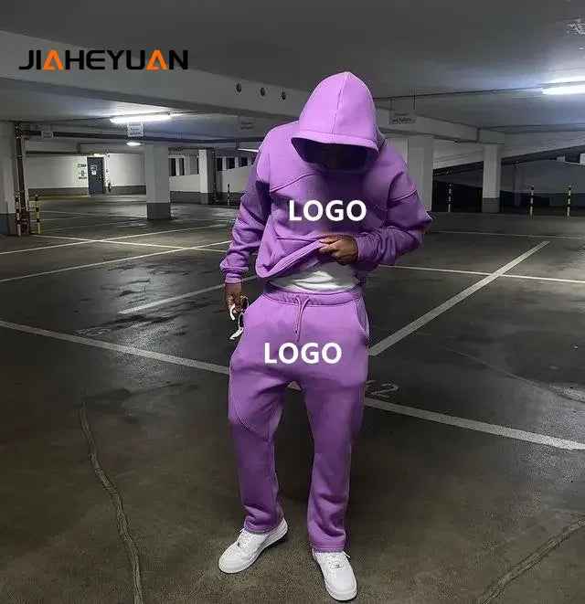 Custom Streetwear 400Gsm Pullover Hoodie Men Tracksuits High Quality 100% Cotton Two Piece Sweatpants and Hoodie Set Men