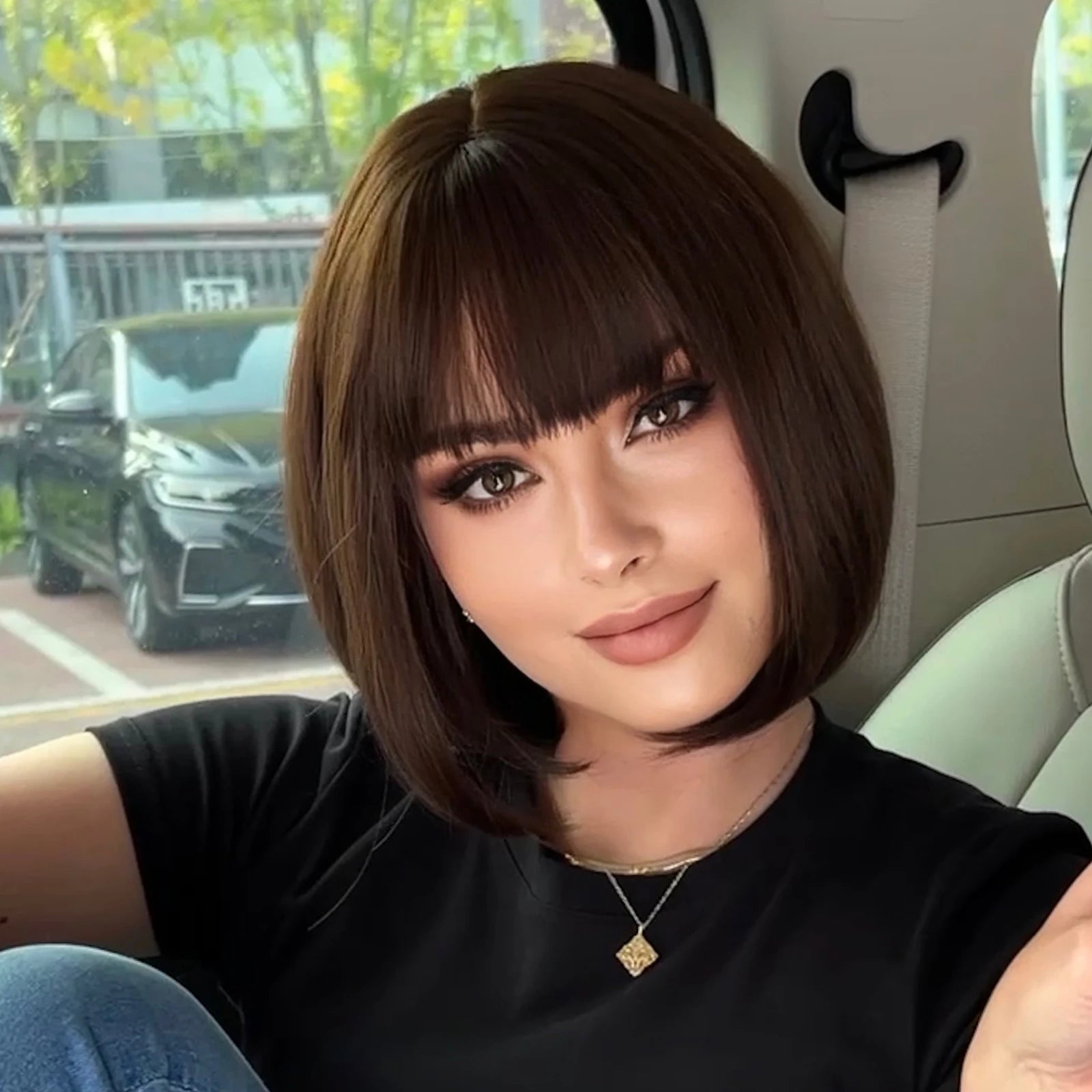 Factory Outlet Dark Black Brown Short Straight Bob Synthetic Hair Wigs with Bangs for  Women Natural Daily Heat Resistant Wig