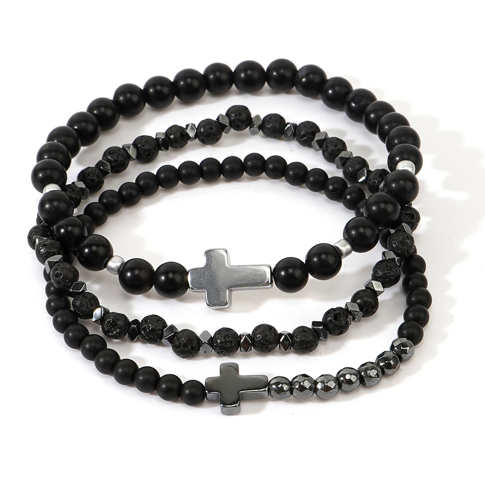 Go2boho Healing Protection Beaded Bracelet Stretch Matte Black Onyx Stack Steel-Toned Cross for Men's Gifts 2024 Trendy Jewelry