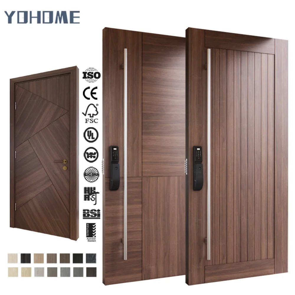 Yohome Custom Solid Wood Long Handle Sound Insulation Wood Exterior Pivot Villa Main Entrance Entryway Front Entry Doors