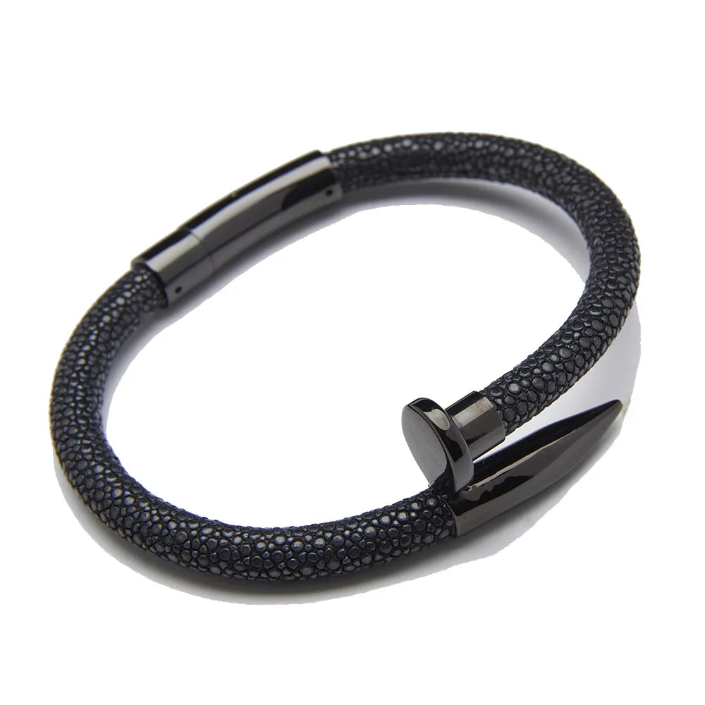 Colorful Python Bangle Stainless Steel Real Gold Stingray Leather Nail Bracelet