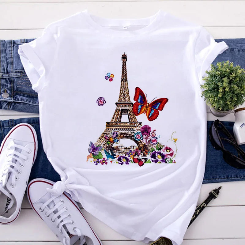 Women T Shirt Floral Graphic Butterfly Printing Plain Casual Plus Size T-Shirts for Ladies Cute Female Short-sleeved T-shirt