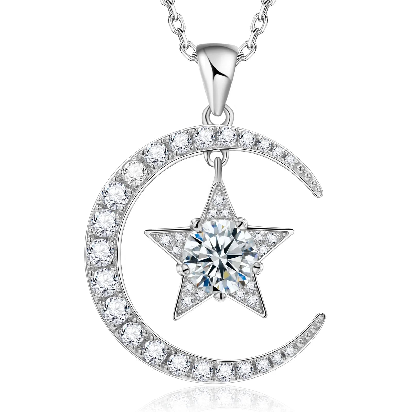 Moon&Star Design 1ct White Gold Plated Silver Material VVS Pendant Moissanite Necklace