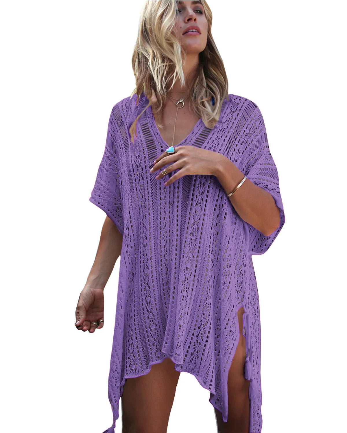 Women's Solid Pattern Bikini Top Cover-Up Beach Wear Dress 1-Piece Swimsuit Cover-Up
