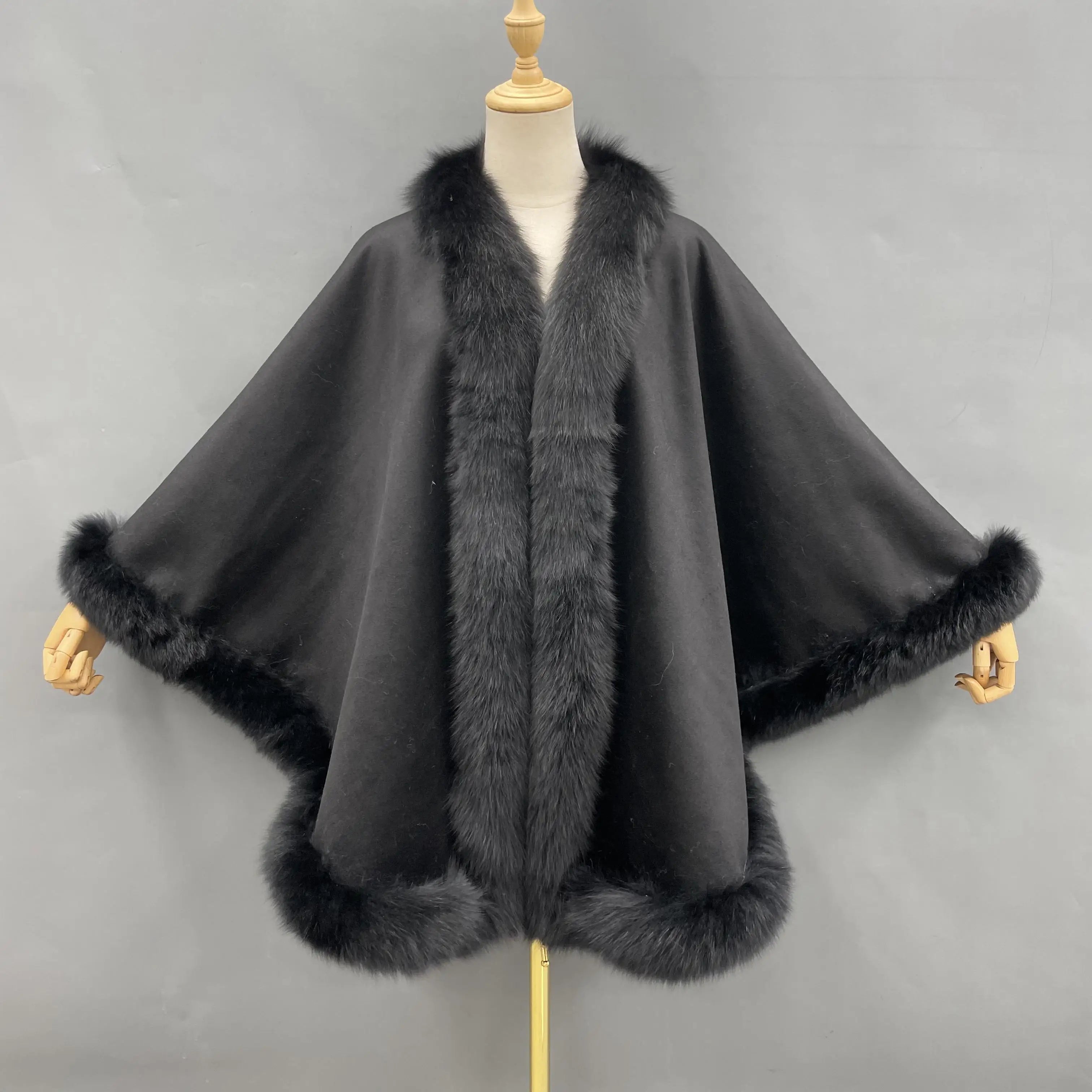Handmade Elegant Party Bridal Wedding Fur Cape Cashmere Wool Fox Fur Poncho