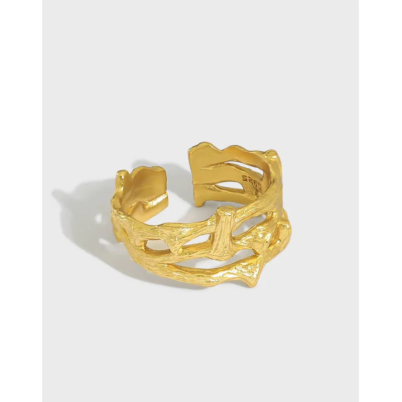 Genuine 18K Gold Plated Hammered Personalized Open Woman Silver 925 Dainty Branch Ring