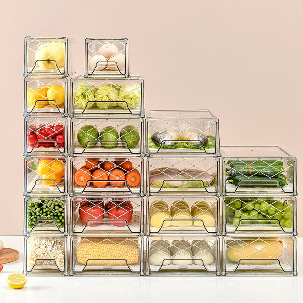 Wholesale Stackable Transparent Food Storage Container Vegetable Plastic PET Injection Rectangle Drawer Organizer