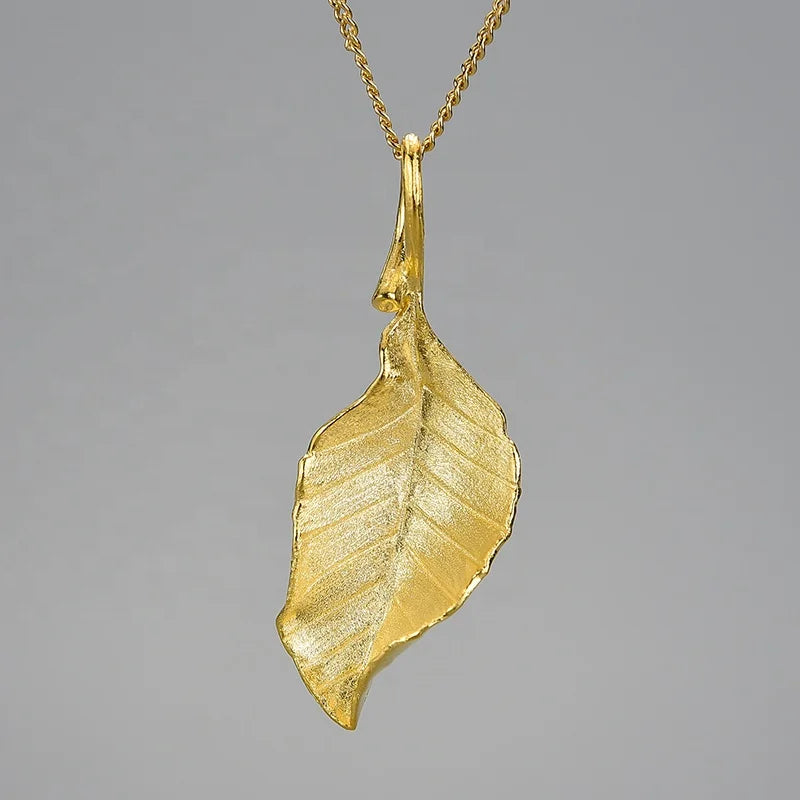 New Product Ideas 2025 Wholesale 925 Sterling Silver Elegant Autumn Long Leaves Pendant Golden Plated Jewelry for Woman