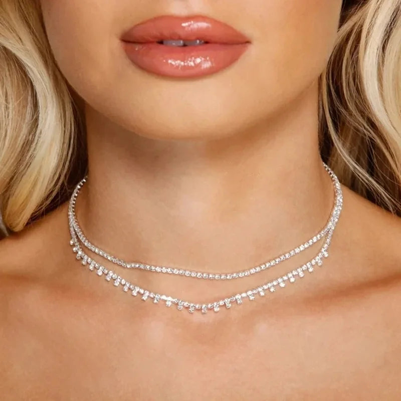 Fashion Female Double Layer Necklace Temperament Small Tooth Charm Rhinestone Choker Necklaces