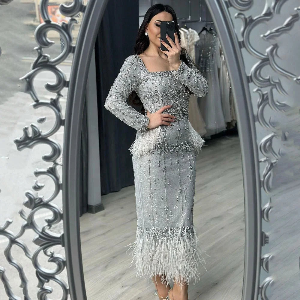 Serene Hill LA71669L Grey Long Sleeves Mermaid Ankle Length Evening Dresses with Feathers Plus Size Party Gowns for Women Rts