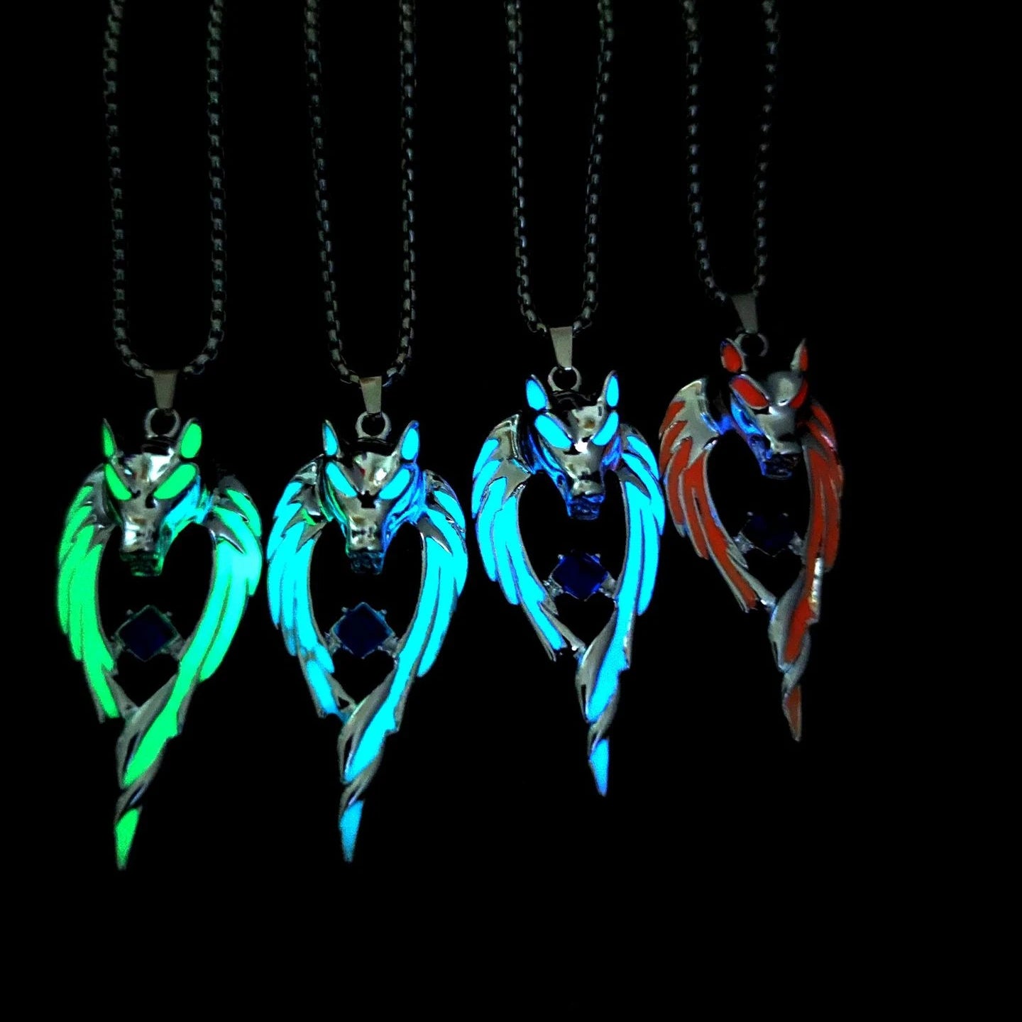 Gothic Glowing Necklace Titanium Steel Chain Late-night Glow Retro Wolf Totem Pendant Necklace for Men