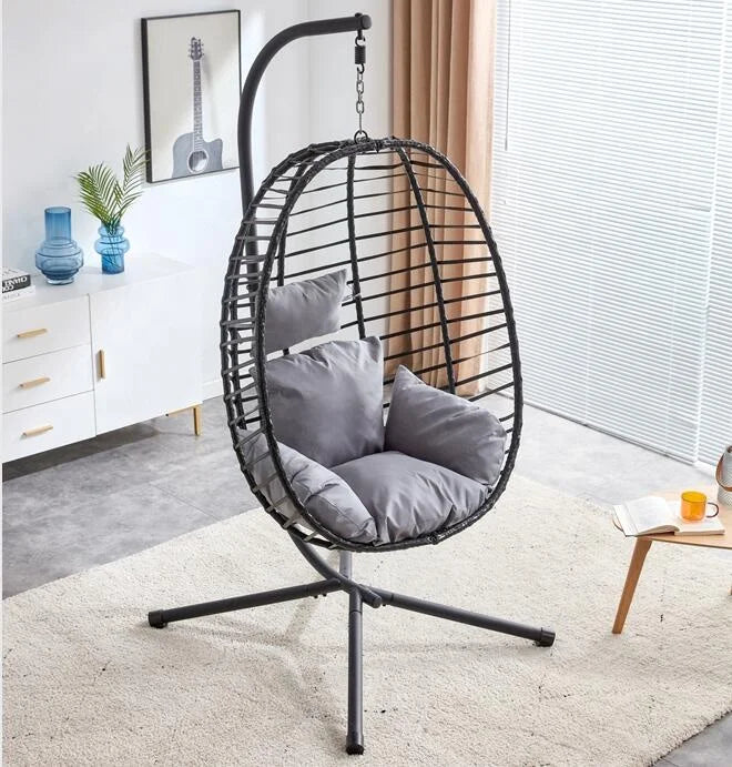 Hot Sale Patio Swing Chair With Stand Wicker Hanging Folding Chair UV Resistant Steel Rattan Egg Chair