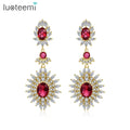 LUOTEEMI Wholesale Elegant Lady Charm Luxury Ruby Cubic Zircon Champagne Gold Plated Heavy Big Chandelier Drop Earrings Bridal