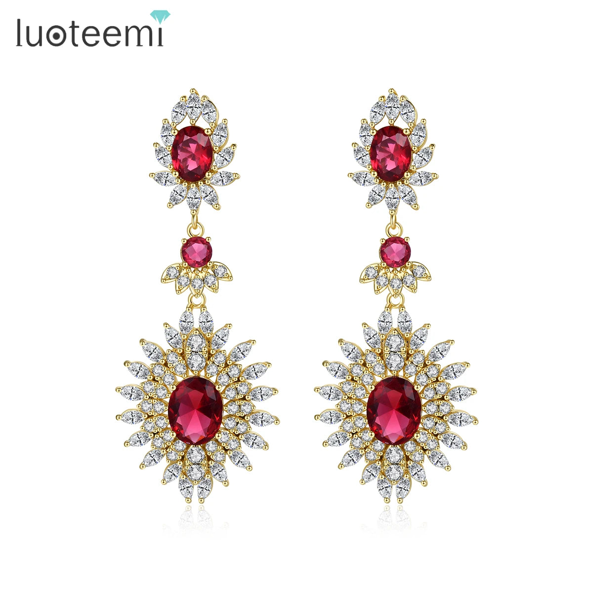 LUOTEEMI Wholesale Elegant Lady Charm Luxury Ruby Cubic Zircon Champagne Gold Plated Heavy Big Chandelier Drop Earrings Bridal