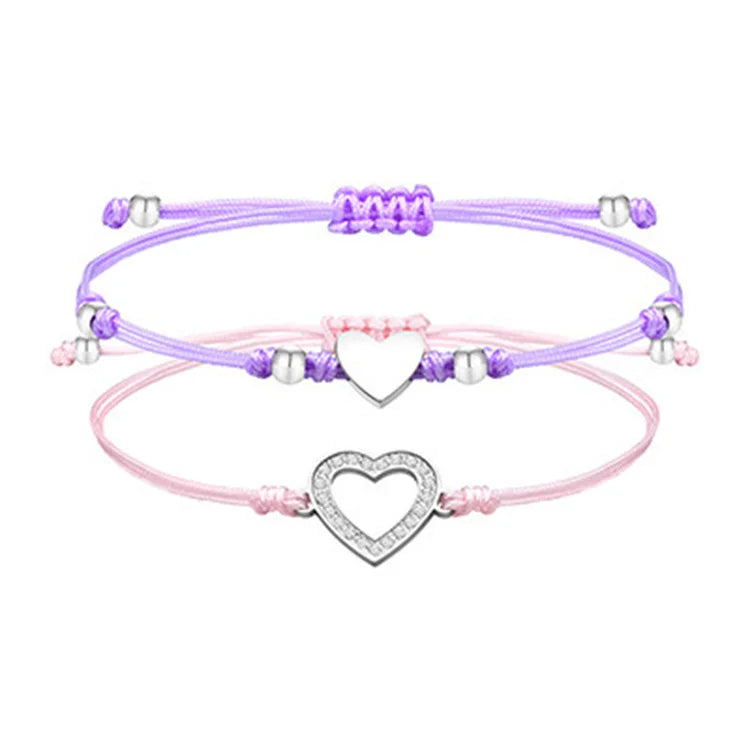 Wholesale Dainty Stainless Steel Zircon Heart Pendant Rope Braided Bracelets for Mom Daughter