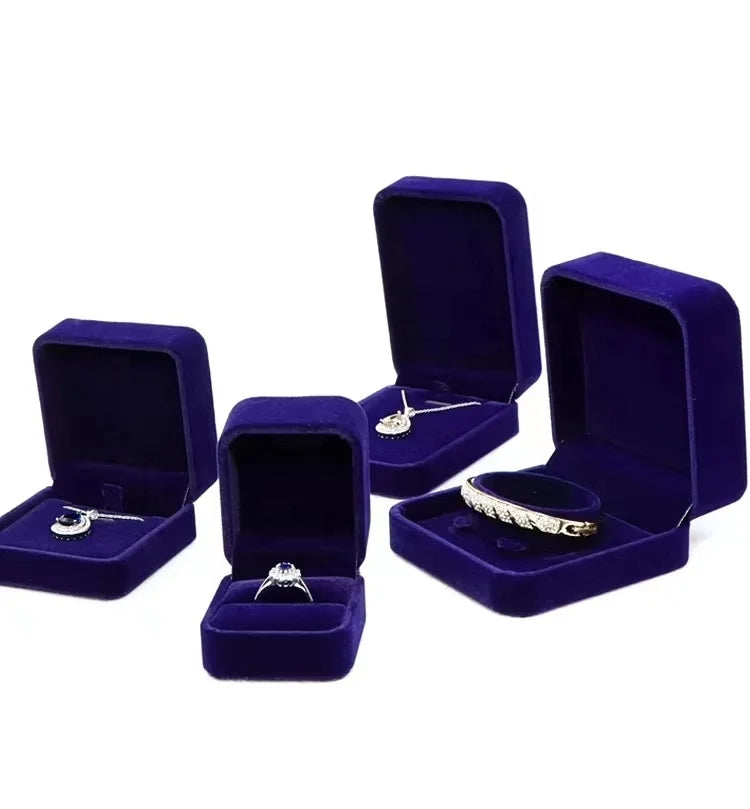 DOC Stock Blue Velvet Jewelry Box for Ring Necklace Earring Jewellery Wedding Ring Packaging Box