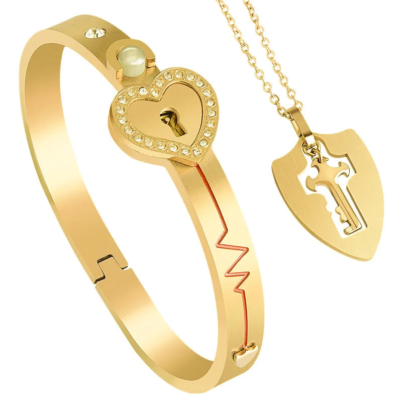 Valentine's Day Gift Stainless Steel Heart Love Lock Bracelet Key Necklace Couples Set Women Zircon Wedding Gift Jewelry Sets
