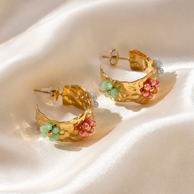 Retro Vintage Colored Beads Flower C-Shaped Hoop Earrings Waterproof 18K Gold Plated Stainless Steel for Women Parties Gifts