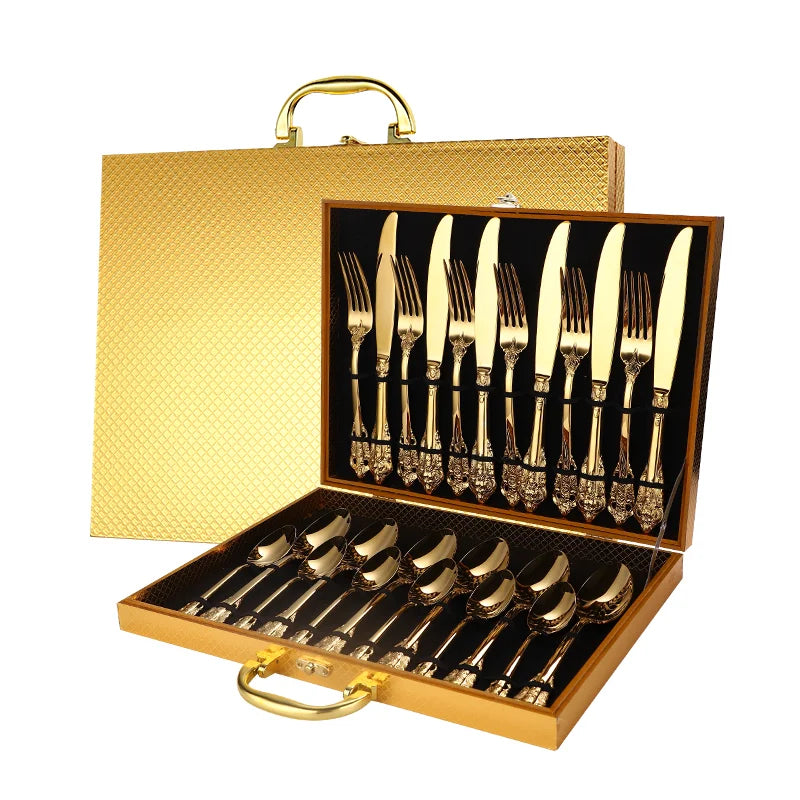 16 Pce/24 Pce Stainless Steel Gold Flatware Set Baroque Royal Cutlery Set Silverware with Wooden Box