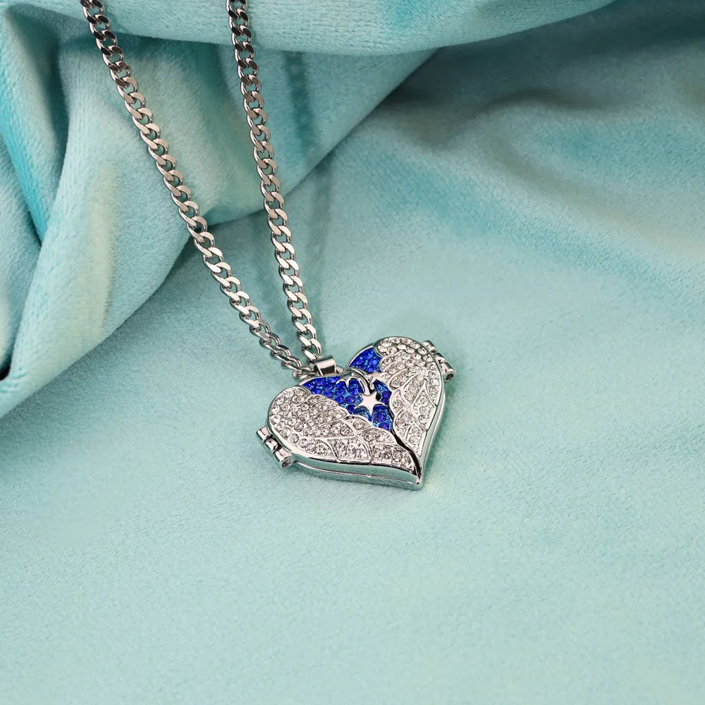 Custom Photo Pendant Necklace Trendy Link Chain with Stainless Steel Heart and Blue Crystal for Anniversary Occasions