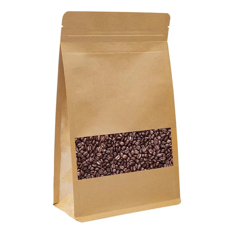 Sealed Snack Grain Nut Packaging Flat Bottom Brown Kraft Paper Eight Side Sealing Bag with Zipper Window for Coffee Beans
