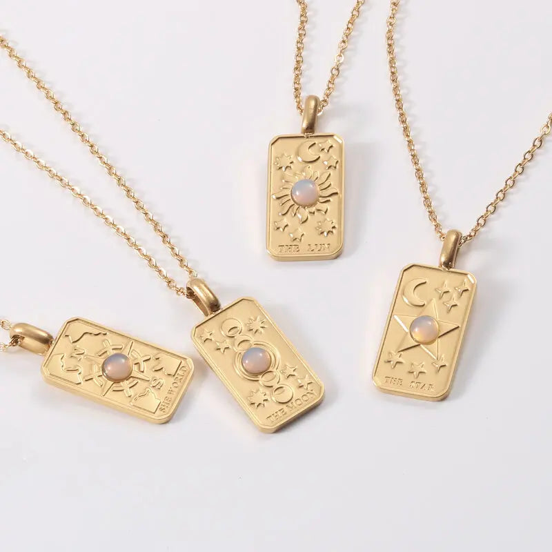 Niche Design Star Sun Moon Stainless Steel Three-dimensional Relief Inlaid Opal Pendant Tarot Necklace