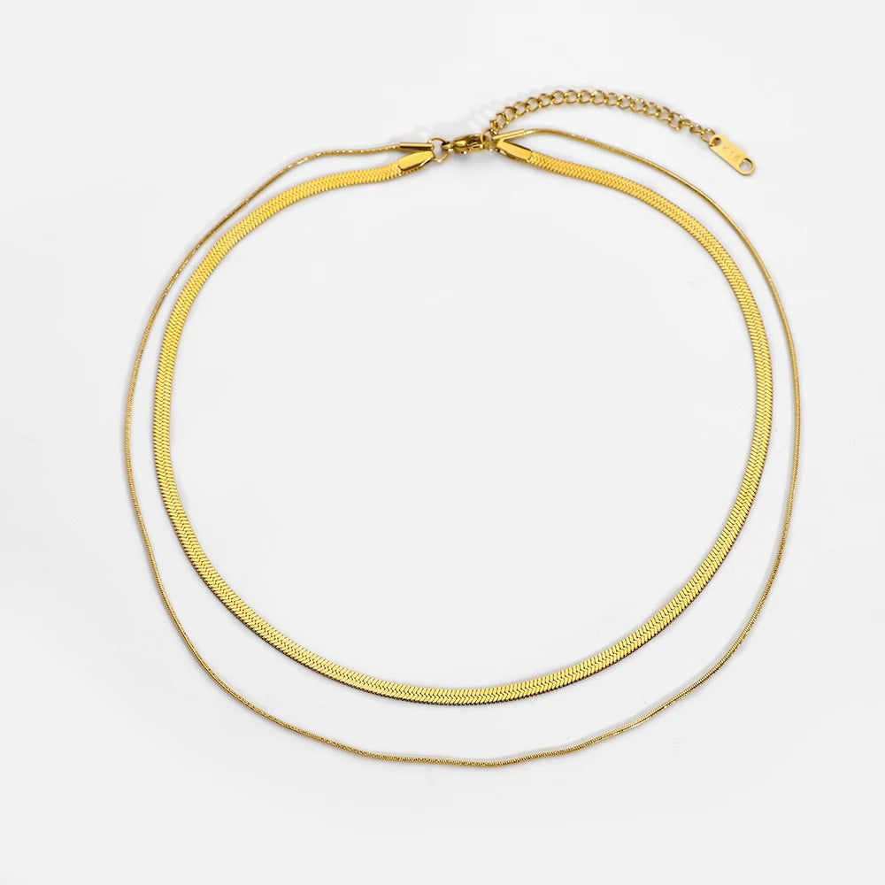 18K Gold Plated Stainless Steel Snake Chain Herringbone Unisex Double Snake Chain Choker Necklace for Anniversary
