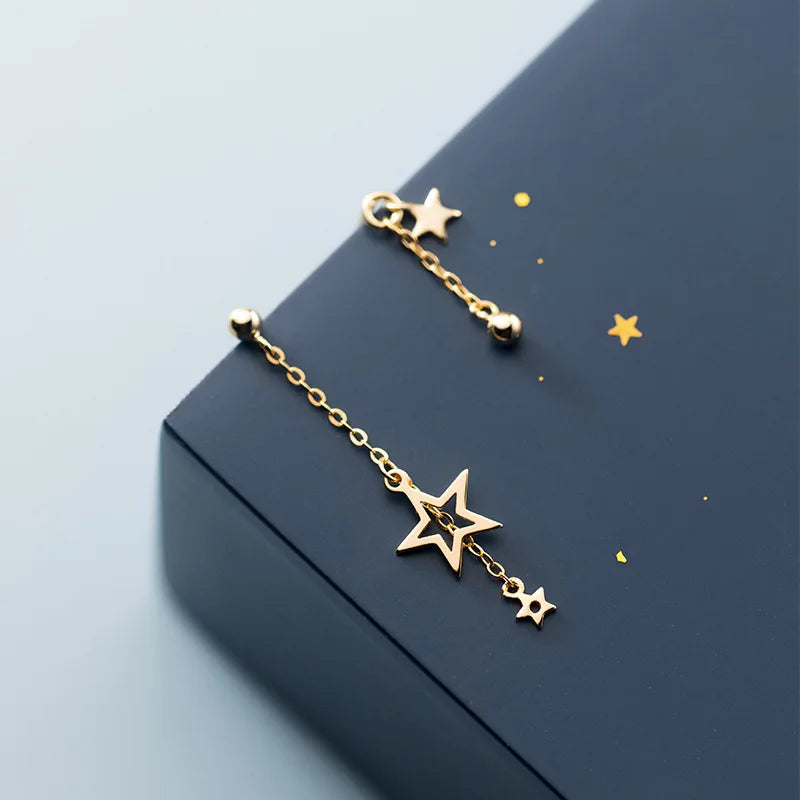 Fashion Jewelry 925 Sterling Silver Asymmetrical Star Long Tassel Chain Bead Pendant Gold Plated Stud Earrings for Women