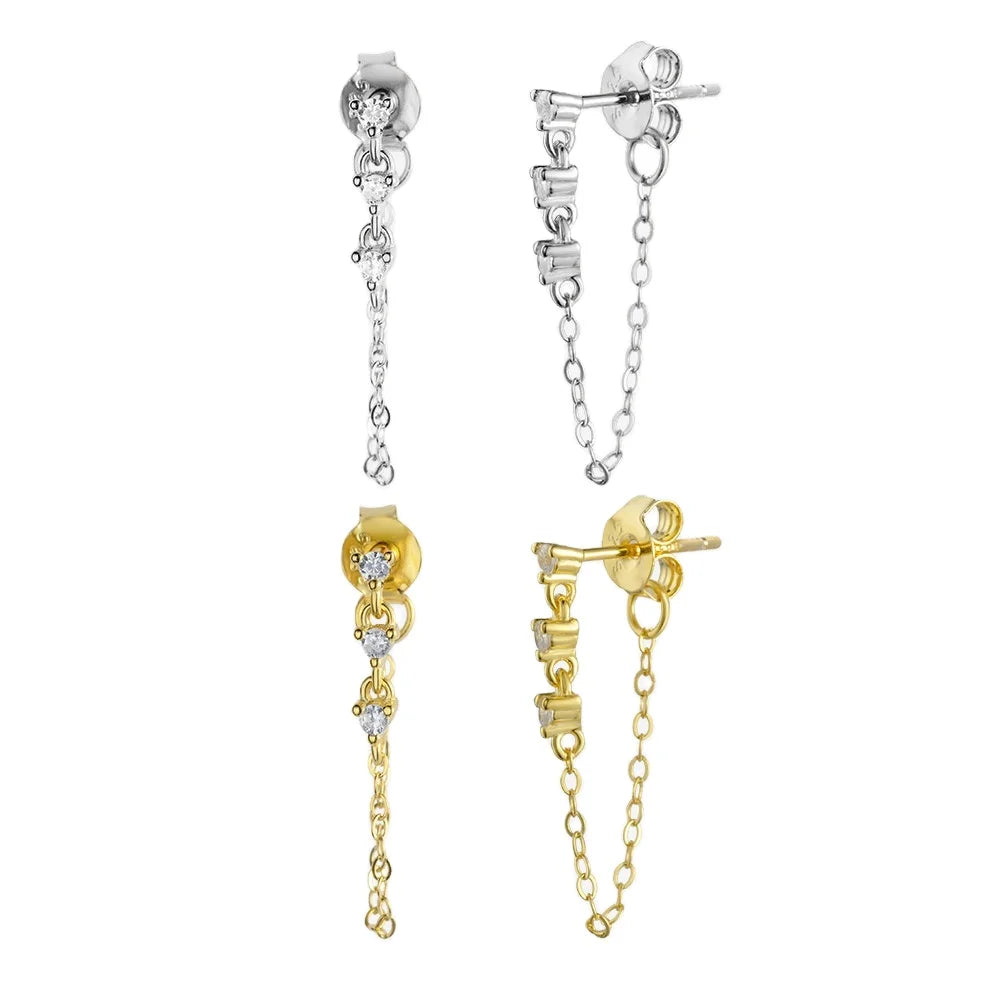 FUAMAY 18K Gold Plated Sterling Silver Solitaire Chain Stud Earrings CZ Stone Engagement Gift