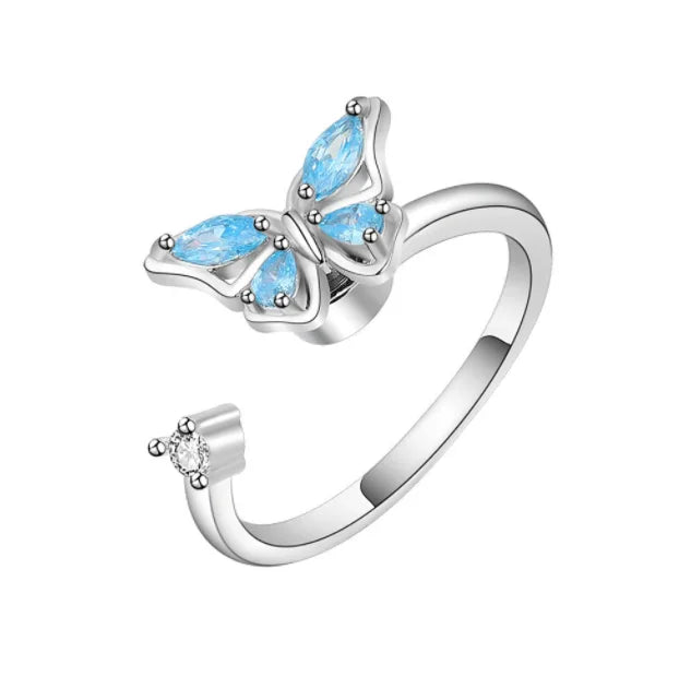 S925 Sterling Silver Blue Rhinestone butterfly Rotary Opening Adjustable Ring Female