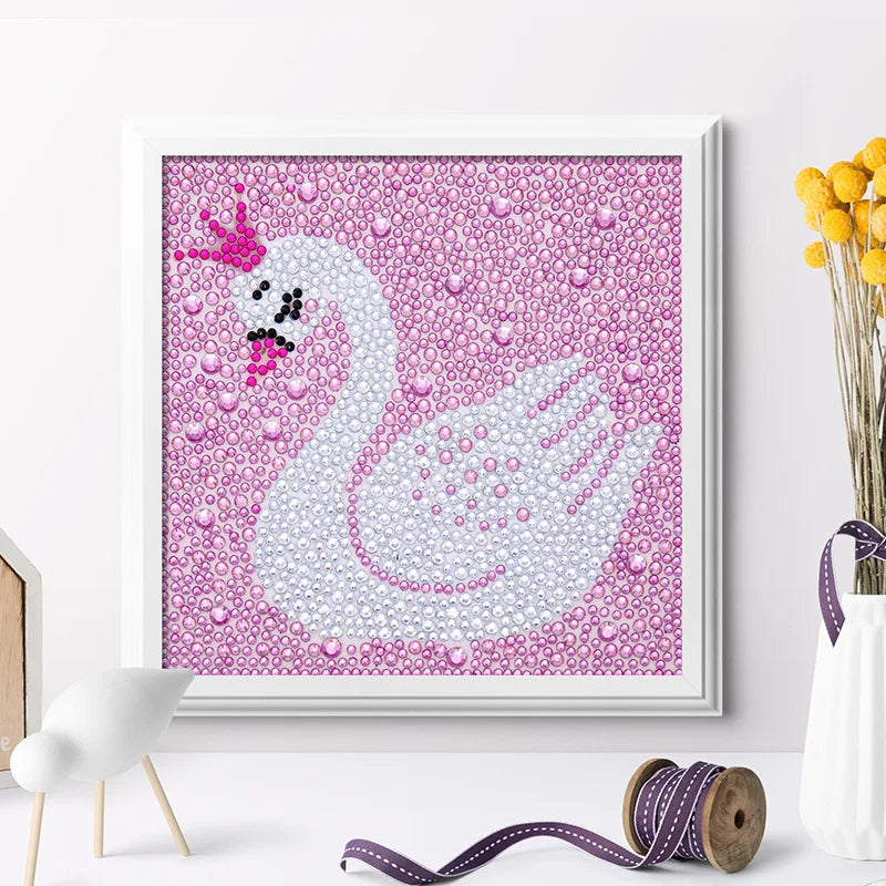 Children's Easy Cartoon Animal DIY 5D Diamond Painting Kits Swan Crystal Diamond Painting with Frame for Kids Gift