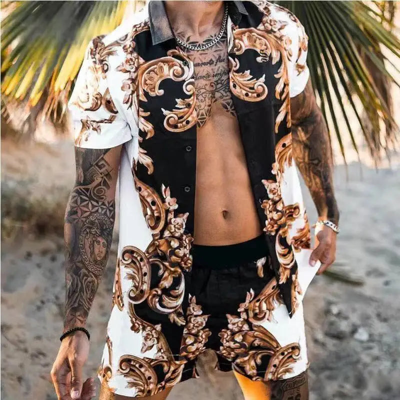 Summer Vintage Anti-Wrinkle Plus Size Hawaiian Print Two Piece Men's Beach Shirt and Shorts Set Quick Dry Breathable
