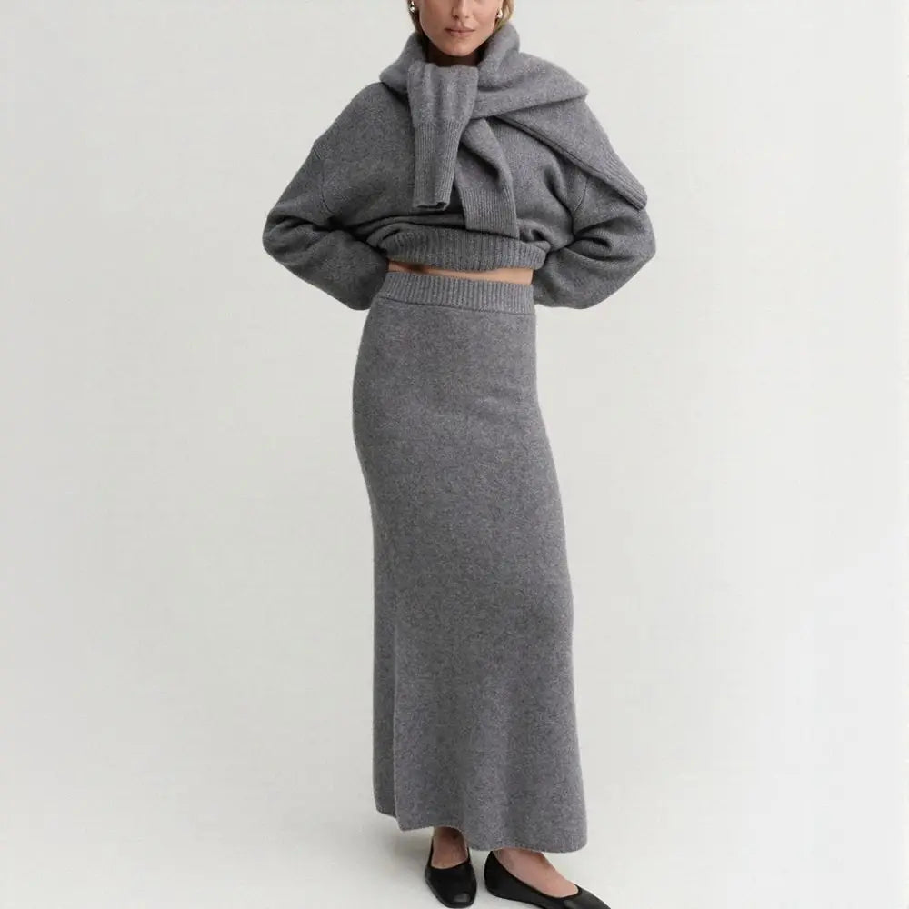 China Skirt Manufacturer Custom Autumn Winter Warm Knitted Ribbed Long Elastic Knit Cashmere Skirt for Women