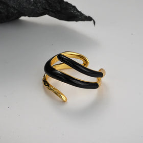 ICEBELA S925 Sterling Silver Geometric Line Ring Female Opening Black Enamel Index Finger Ring