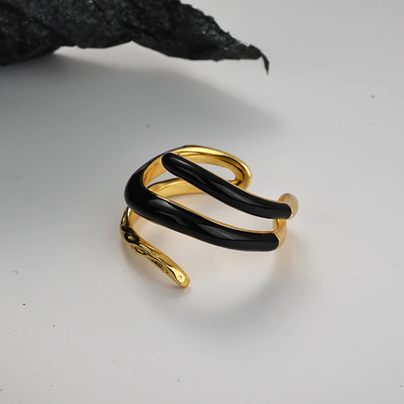 ICEBELA S925 Sterling Silver Geometric Line Ring Female Opening Black Enamel Index Finger Ring