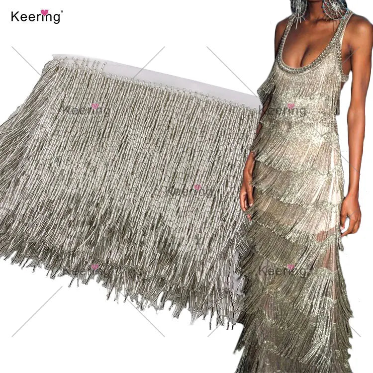 Small MOQ Fast Shipping Keering in Stock Dress Glass Ribbon Fringe Beaded Tassel Trim 15cm for Shirt