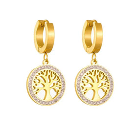 18K Gold Pvd Zircon Earrings Circle INS Women's Round Diamond Life Tree Earrings Simple Retro Earrings Waterproof