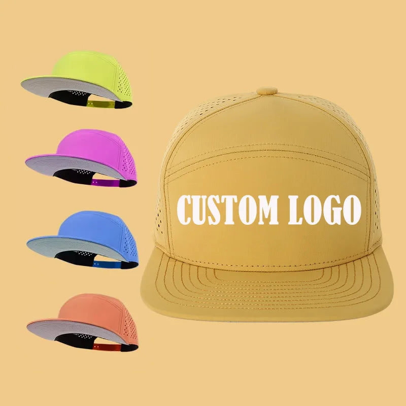Custom 5 Panel Performance Outdoor Running Quick Dry Breathable Mesh 100% Cotton Camp Flat Brim Snapback Hat