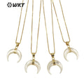 WT-JN147 Wholesale Hot Flash Bright Natural Mother of Pearl Crescent Horn Necklace 18K Real Gold Plated Bezel Tiny Horn Charm