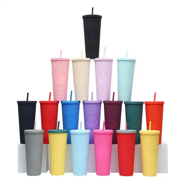 Customize logo Diamond Tumblers Multi Colors Double Wall Plastic 24oz studded Tumbler with Straw