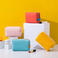 Candy Color Travel Portable PU Leather Makeup Cosmetic Bag Waterproof Organizer Washing Pouch With Handle for Women
